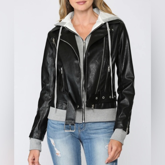 Fate‎ Womens Jacket Small Black Hoodie Hybrid Faux Leather Vici Double Zipper - Picture 1 of 7